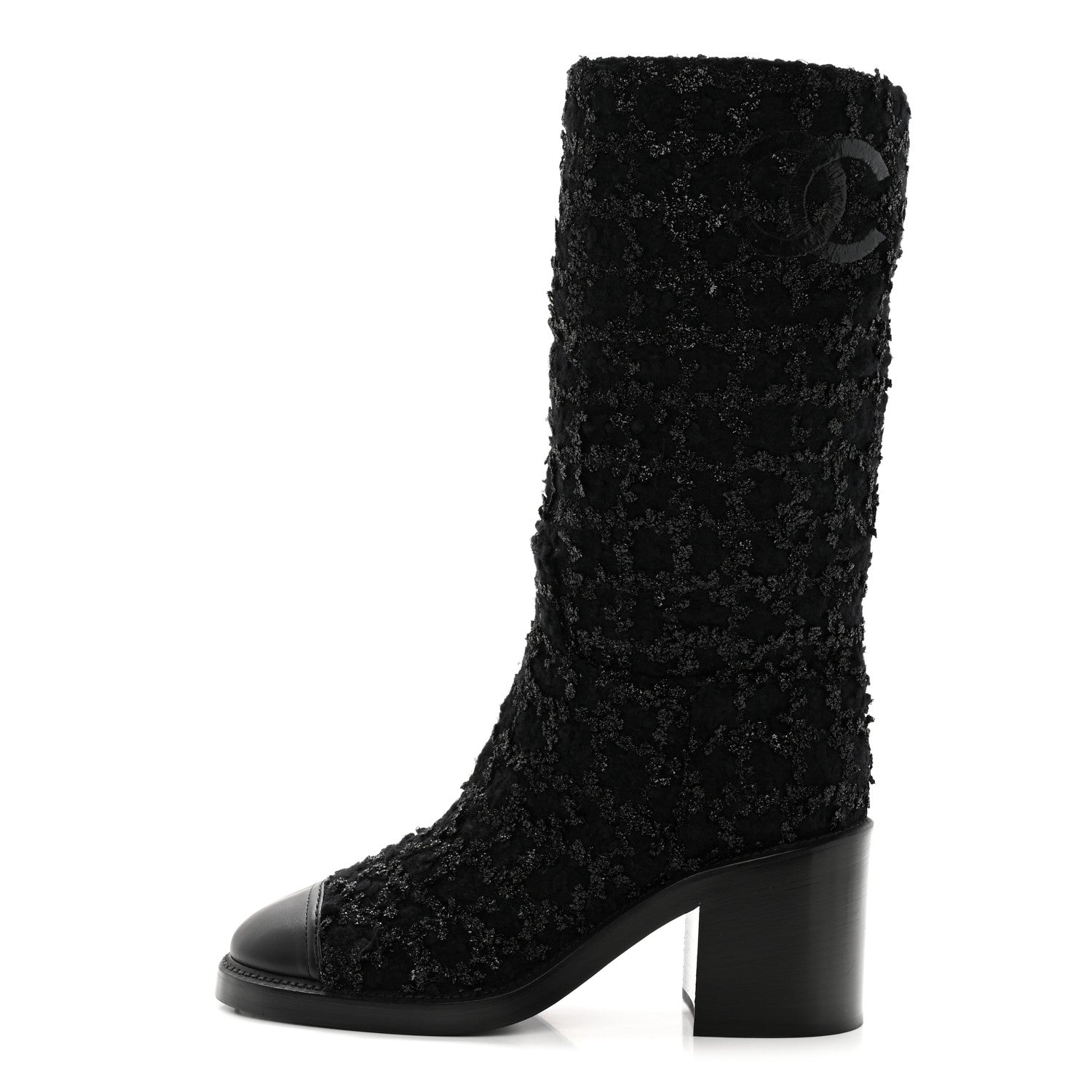 Chanel Iridescent Wool Silk Tweed Calfskin CC Cap Toe High Boots 40 Black 1 of 9