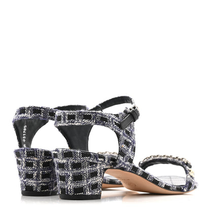 Chanel Tweed CC Chain Sandals 39 Navy Black 5 of 15