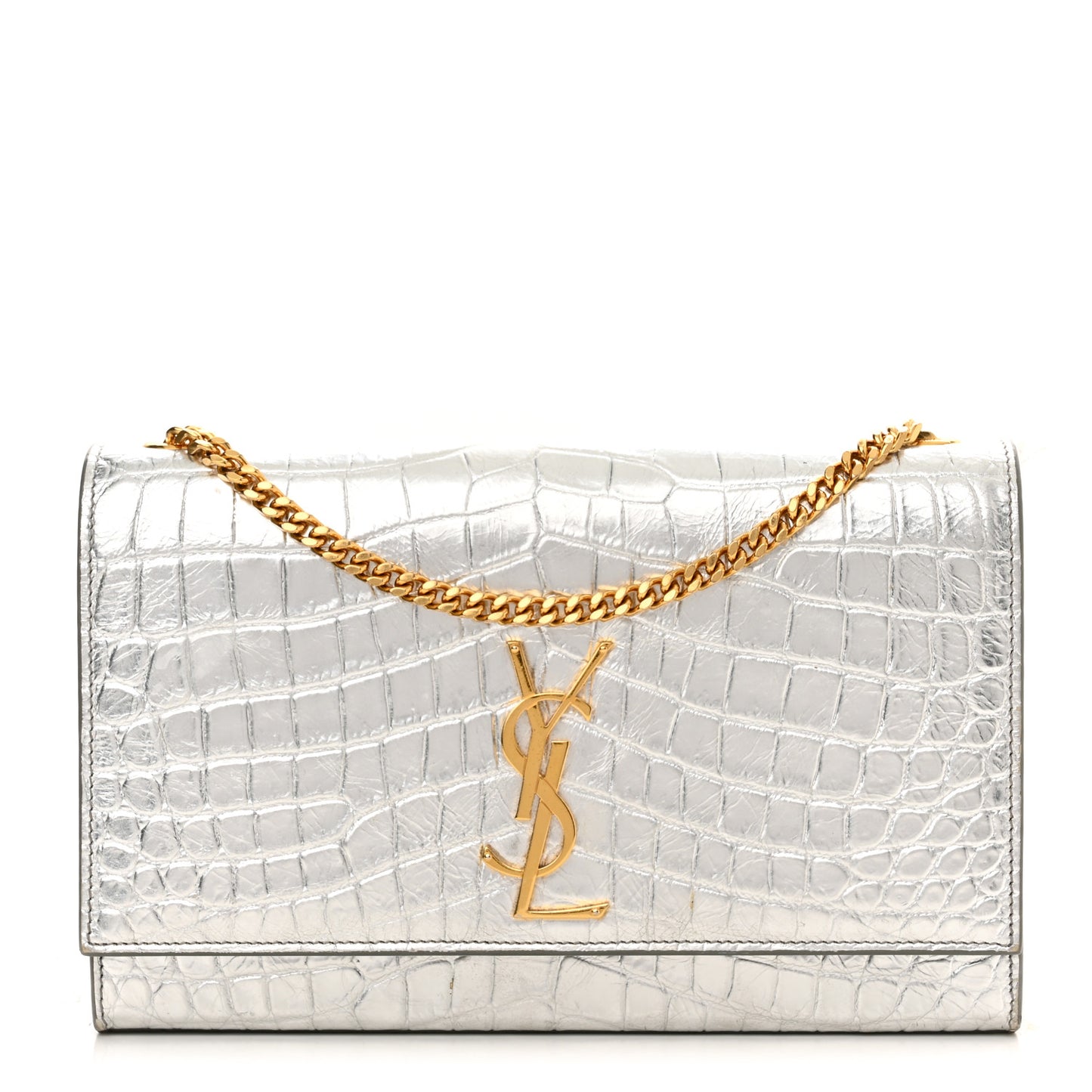 Calfskin Crocodile Embossed Monogram Chain Wallet Argento