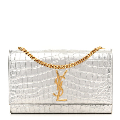 Saint Laurent Calfskin Crocodile Embossed Monogram Chain Wallet Argento 1 of 11
