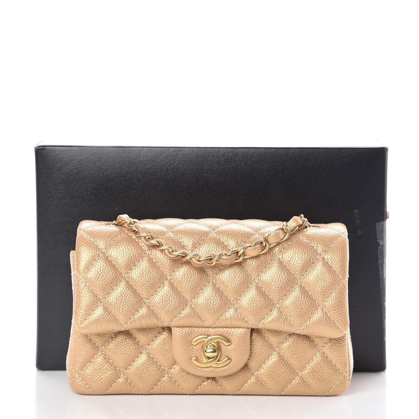 Pearly Caviar Quilted Mini Rectangular Flap Gold