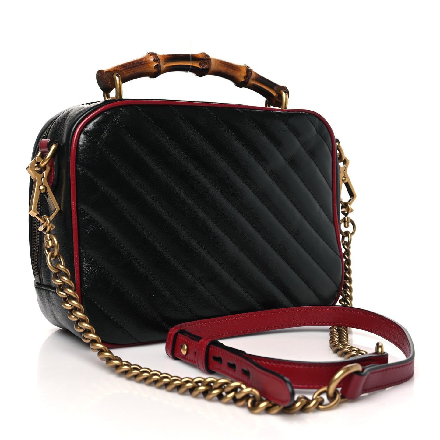 Vintage Effect Calfskin Matelasse Diagonal Small Torchon GG Marmont Bamboo Top Handle Shoulder Bag Black Romantic Cherry