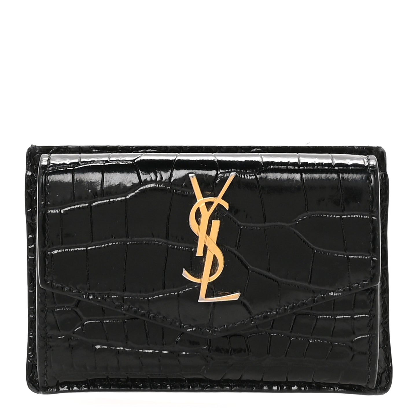Calfskin Crocodile Embossed Uptown Monogram Card Case Black