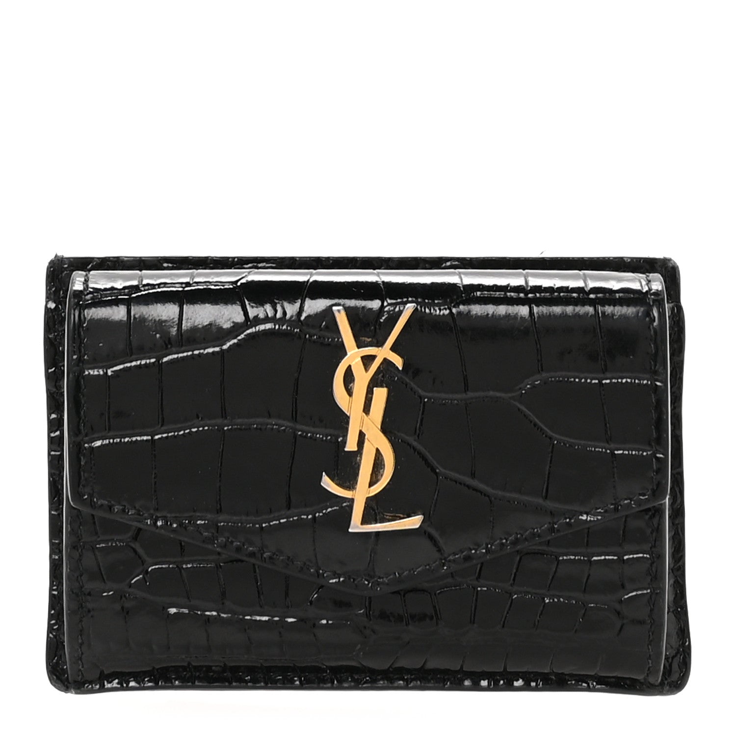 Saint Laurent Calfskin Crocodile Embossed Uptown Monogram Card Case Black 1 of 7