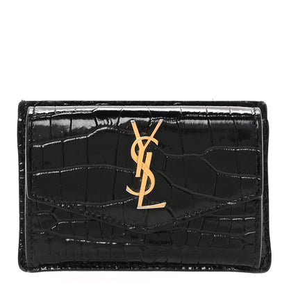 Saint Laurent Calfskin Crocodile Embossed Uptown Monogram Card Case Black 1 of 7