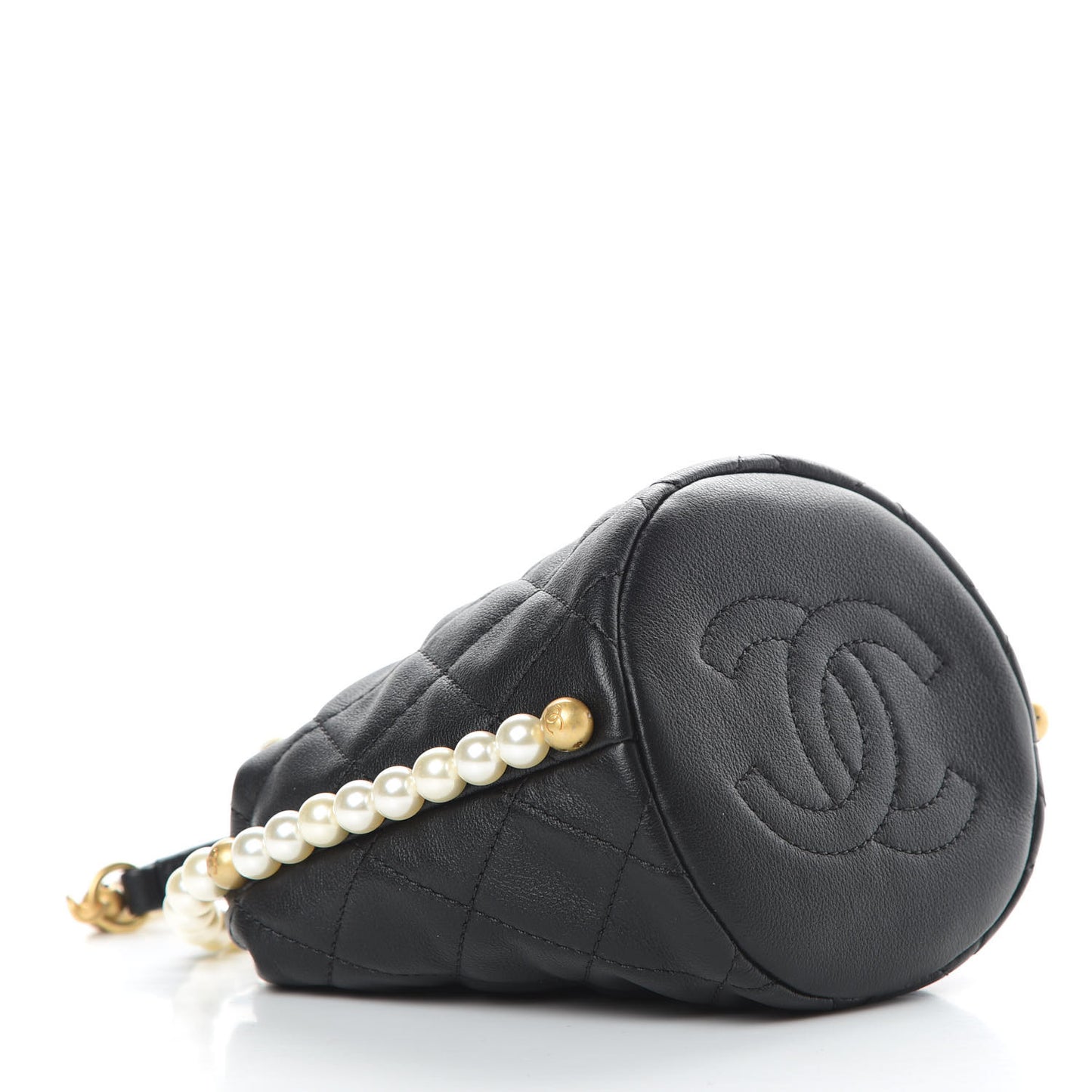 Calfskin Quilted Pearl Mini About Pearls Drawstring Bucket Bag Black