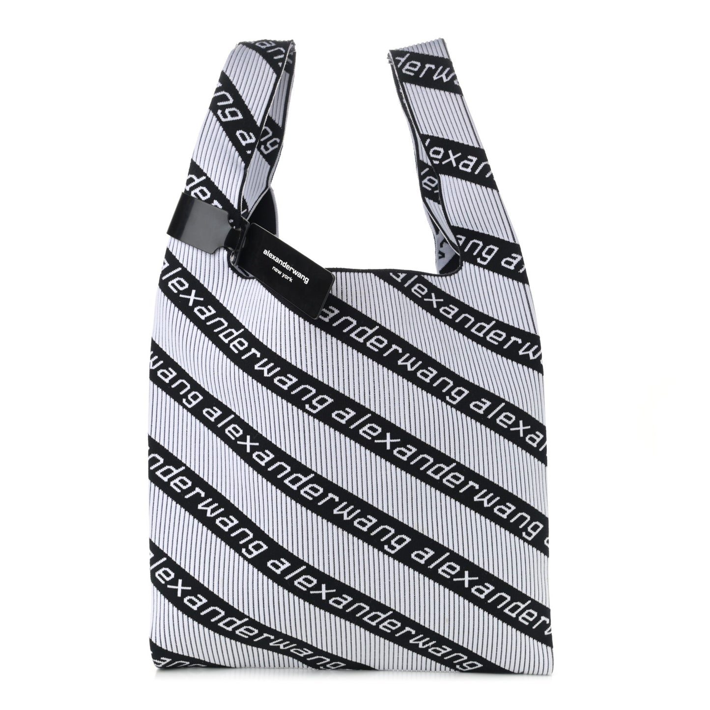 Knit Jacquard Diagonal Logo Shopper Tote Black White