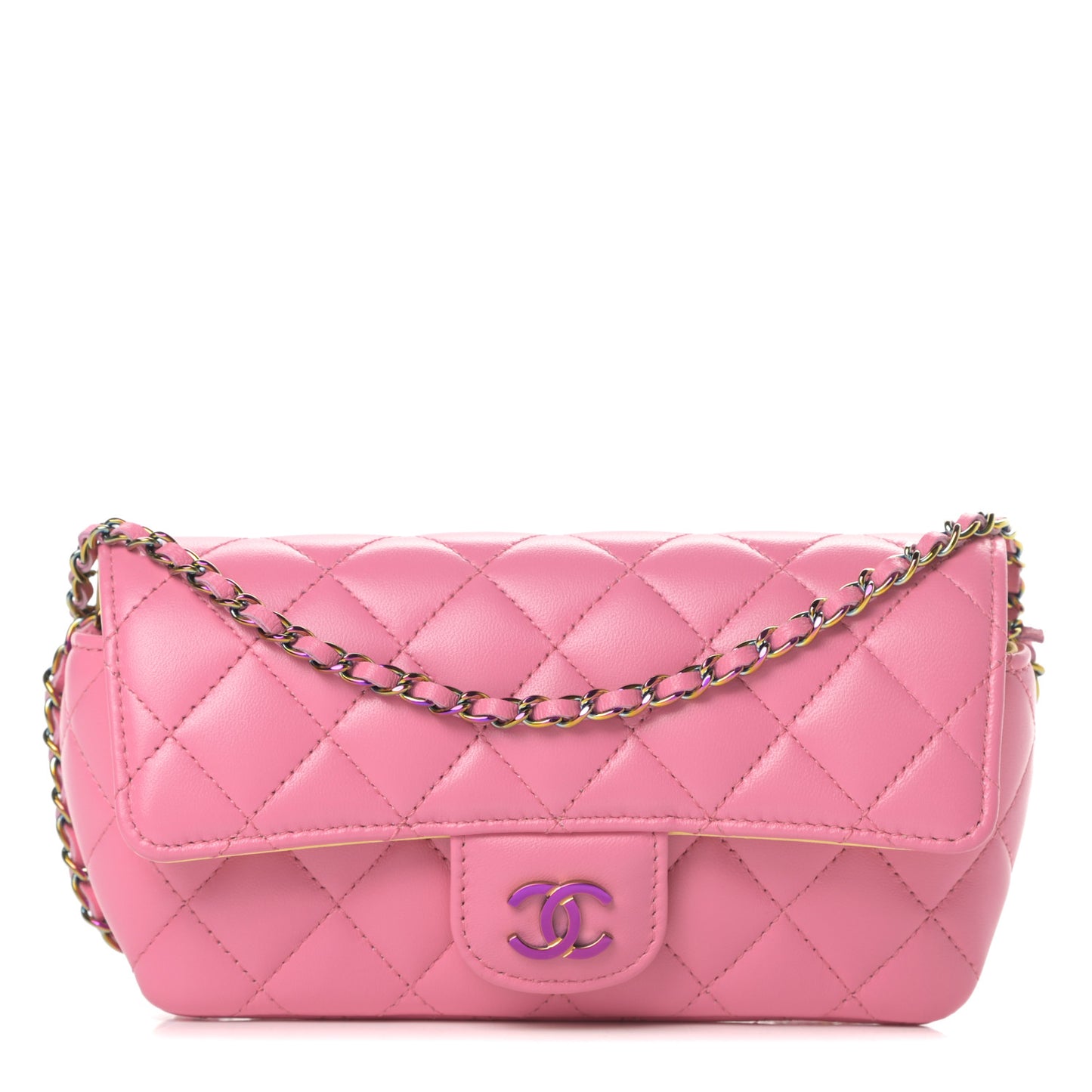 Lambskin Quilted Glasses Case With Chain Pink Yellow