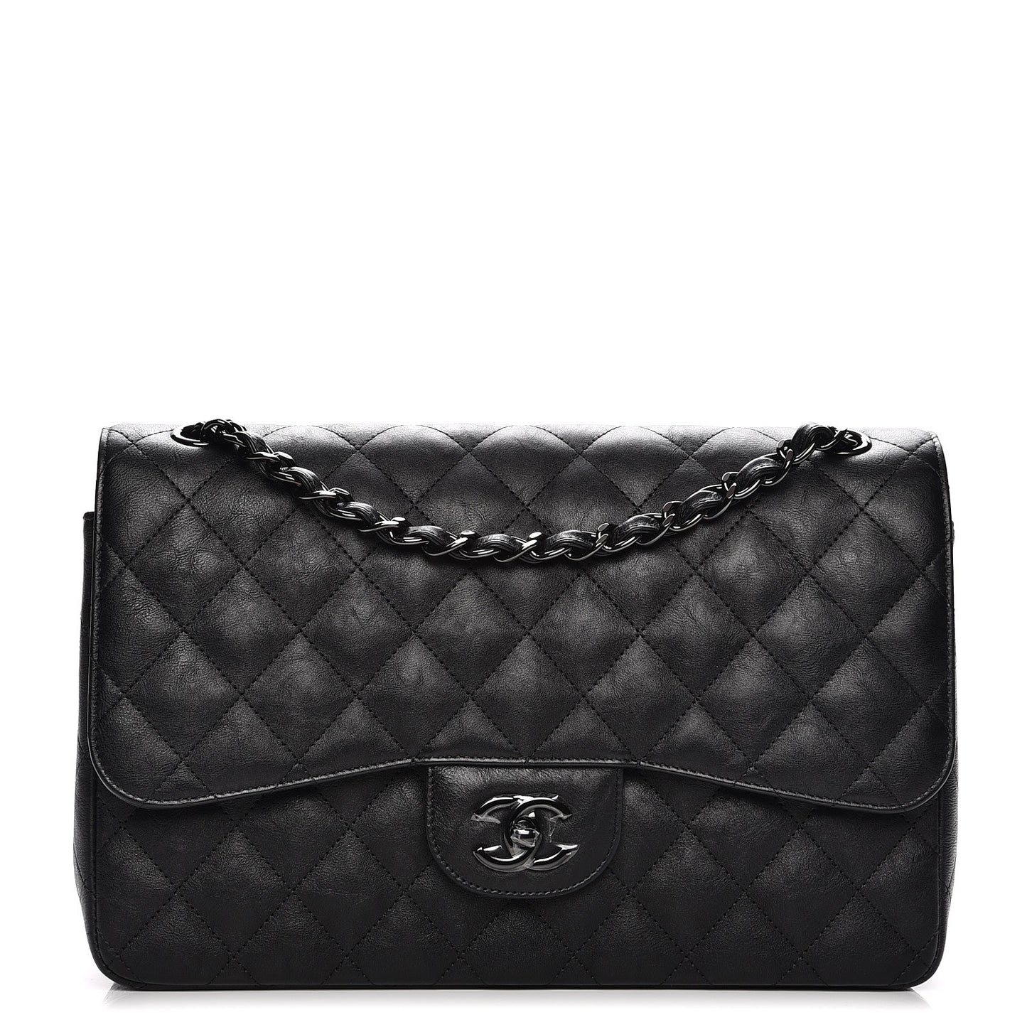 Crumpled Calfskin Quilted Jumbo Double Flap So Black