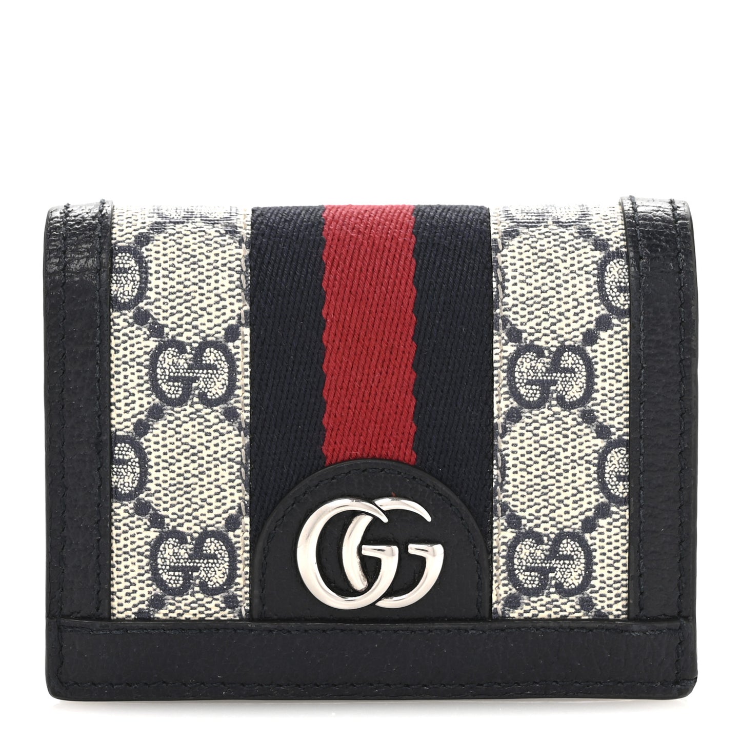 GG Supreme Monogram Textured Dollar Calfskin Web Ophidia Card Case Beige Blue