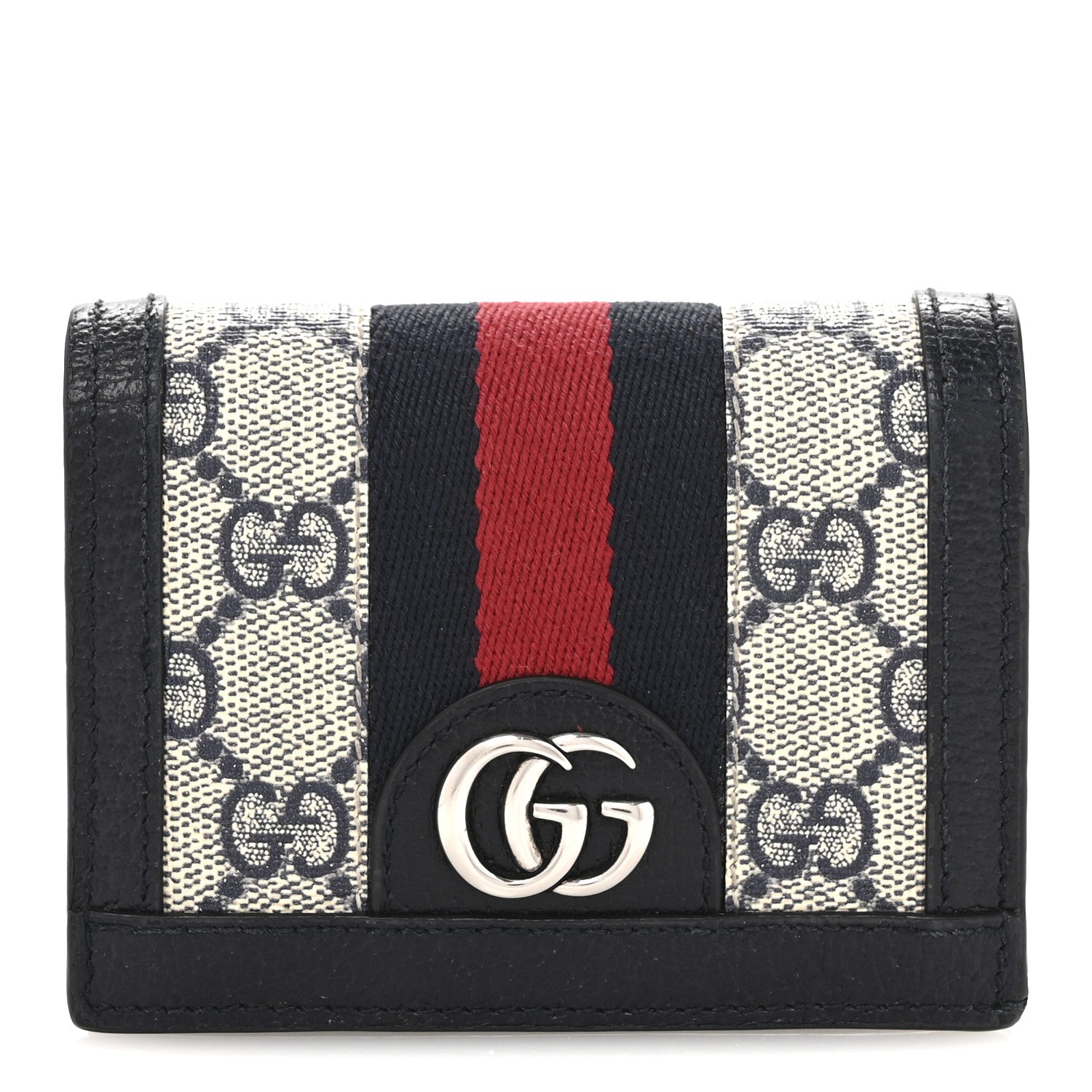 Gucci GG Supreme Monogram Textured Dollar Calfskin Web Ophidia Card Case Beige Blue 1 of 12