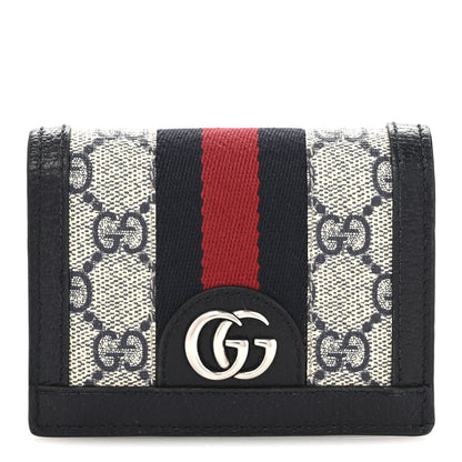 Gucci GG Supreme Monogram Textured Dollar Calfskin Web Ophidia Card Case Beige Blue 1 of 12