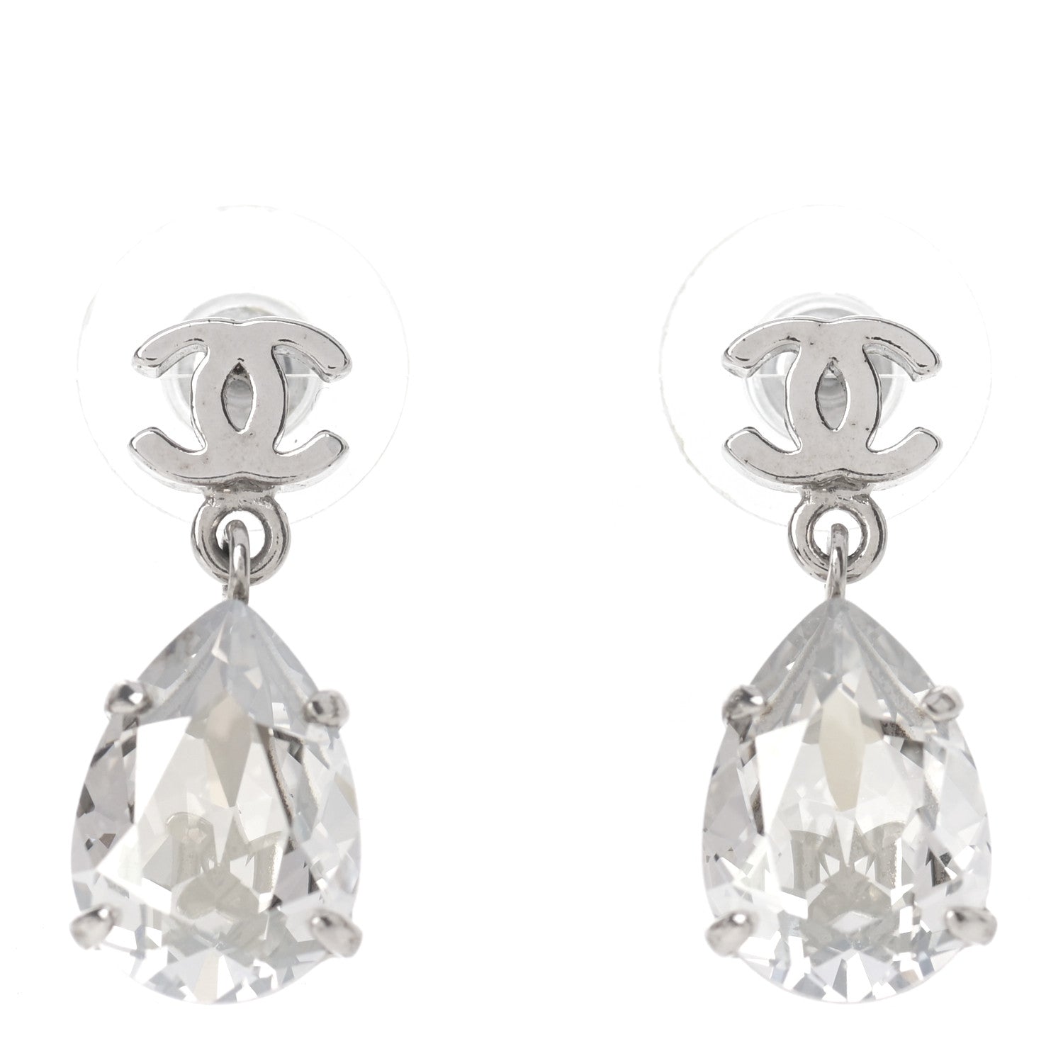 Chanel CC Crystal Teardrop Dangle Earrings Silver 1 of 5