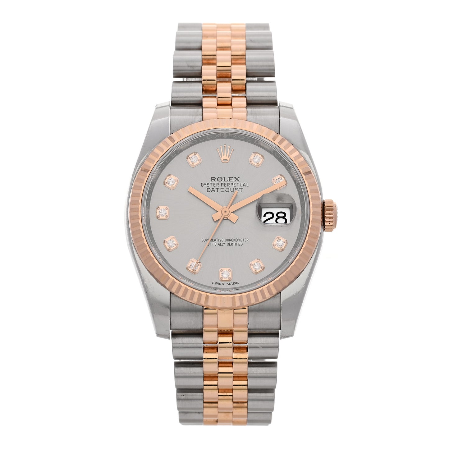 Stainless Steel 18K Everose Gold Diamond 36mm Oyster Perpetual Datejust Watch Silver 116231