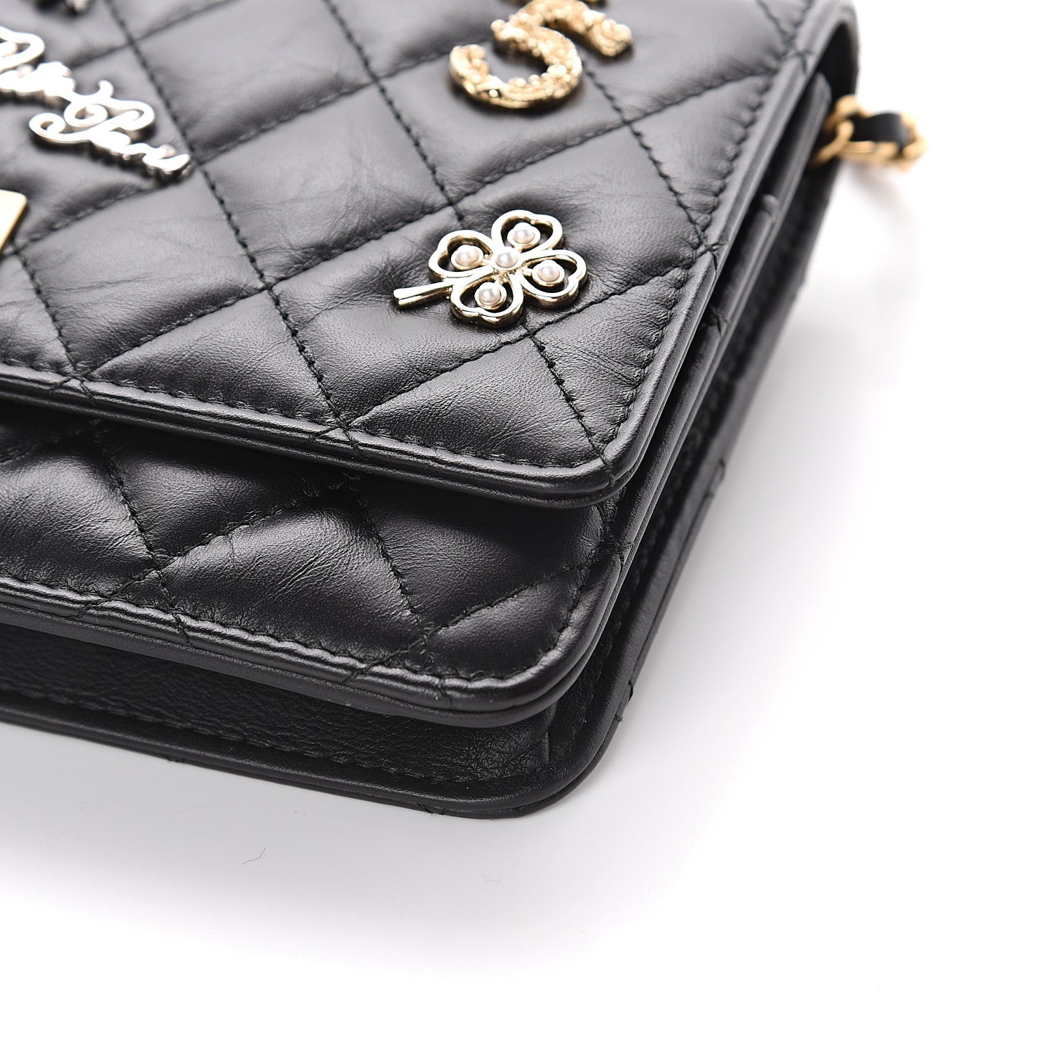 Chanel Aged Calfskin Quilted Lucky Charms 2.55 Reissue Wallet On Chain WOC Black 10 of 10