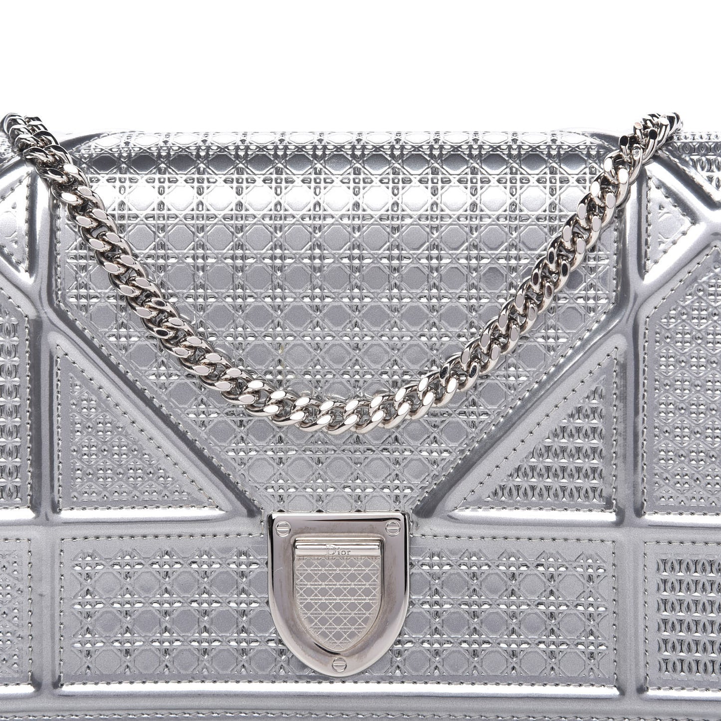 Metallic Patent Micro-Cannage Diorama Wallet on Chain Pouch Silver