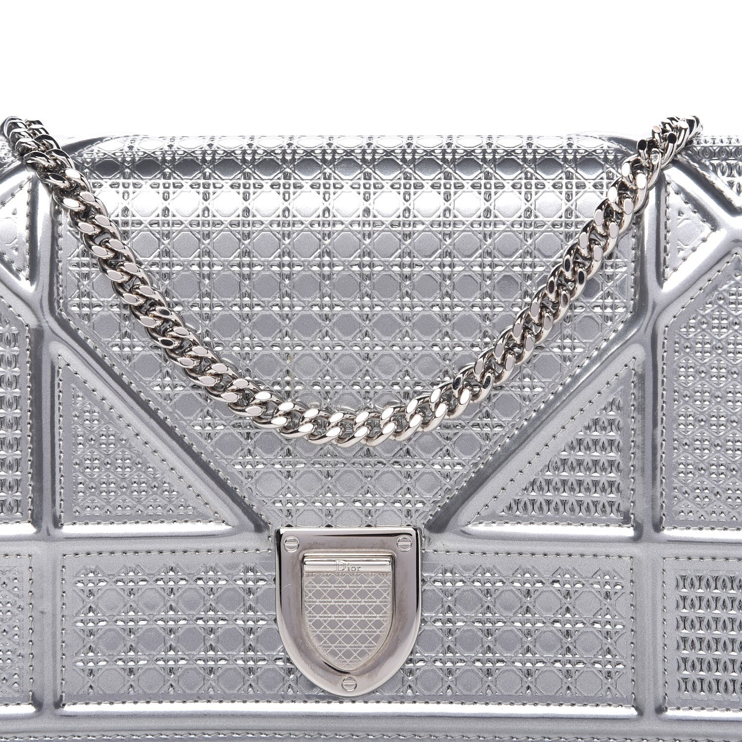 Christian Dior Metallic Patent Micro-Cannage Diorama Wallet on Chain Pouch Silver 9 of 10