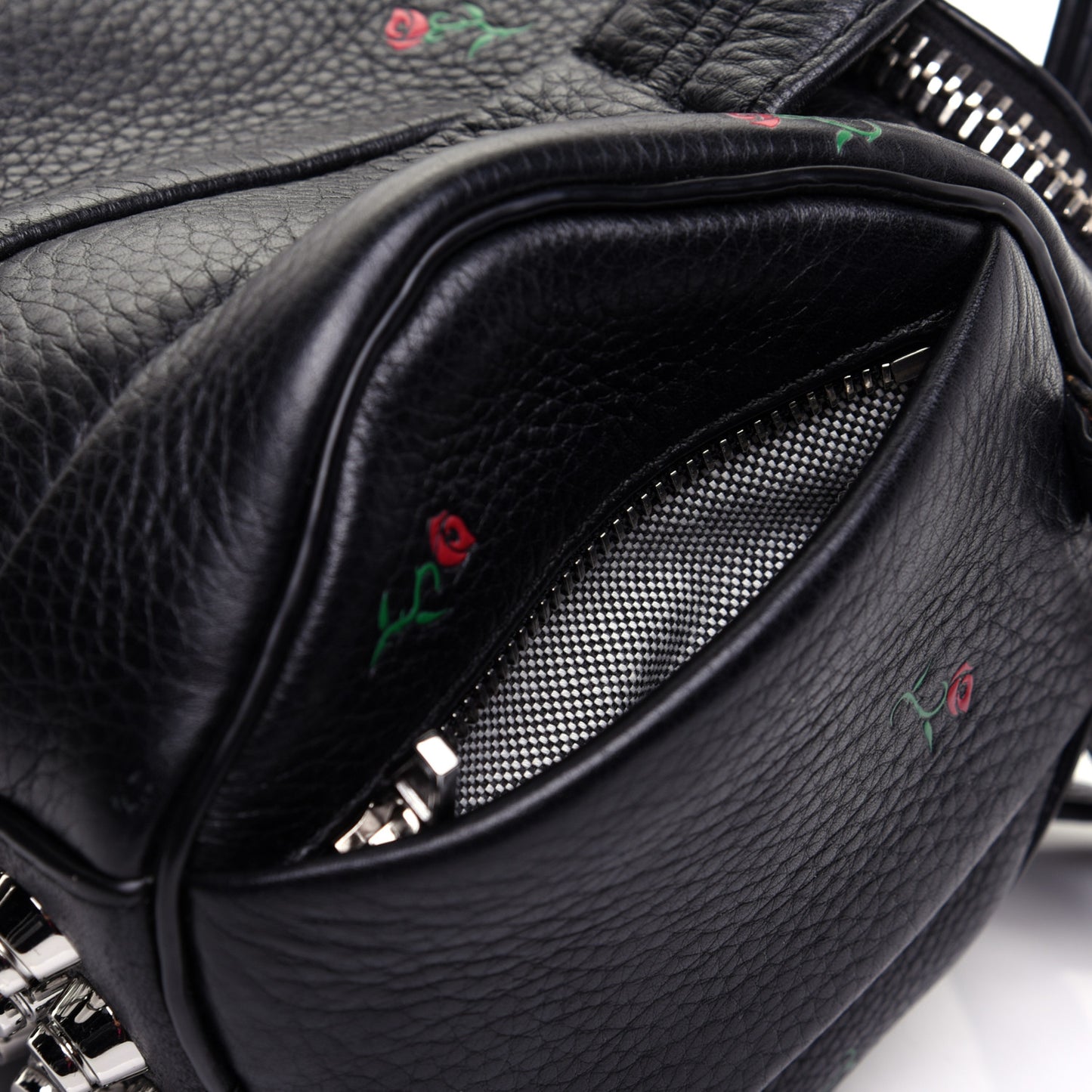 Pebbled Lambskin Rose Printed Mini Rockie Black Silver Hardware
