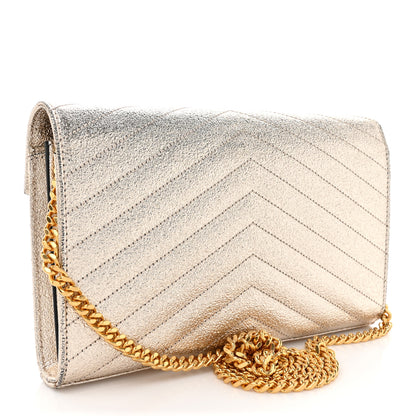 Saint Laurent Metallic Crackled Calfskin Matelasse Chevron Monogram Chain Wallet Gold 3 of 17