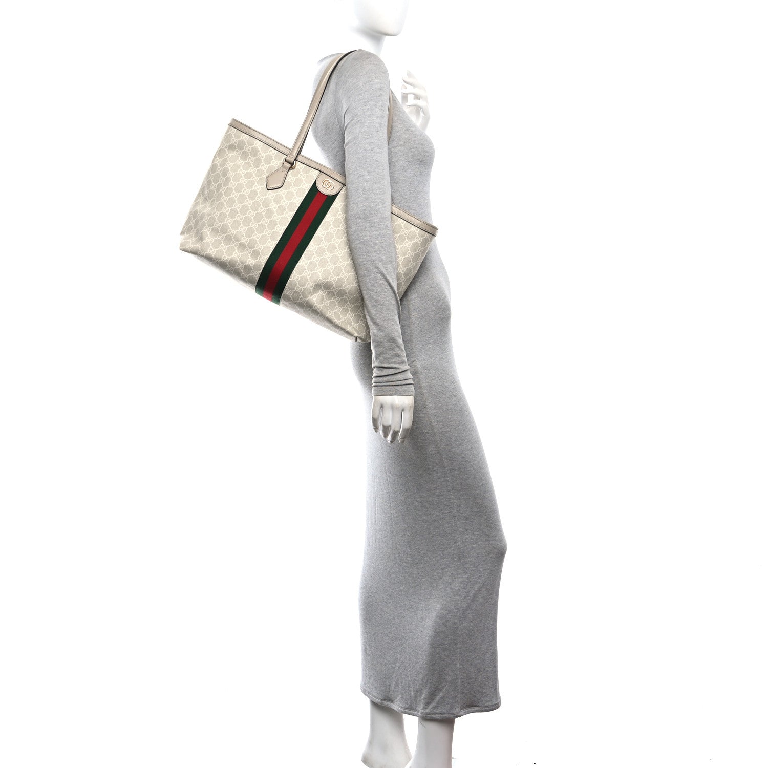 Gucci GG Supreme Monogram Textured Dollar Calfskin Web Medium Ophidia Shopping Tote Beige Mystic White Oatmeal 2 of 10