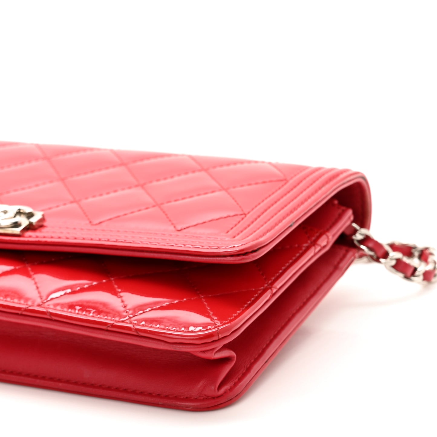 Patent Calfskin Quilted Boy Wallet On Chain WOC Red