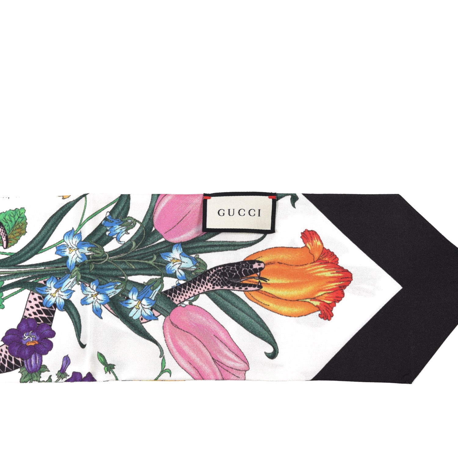 Gucci Silk Twill Flora Snake Neck Bow Scarf Ivory Black 3 of 4