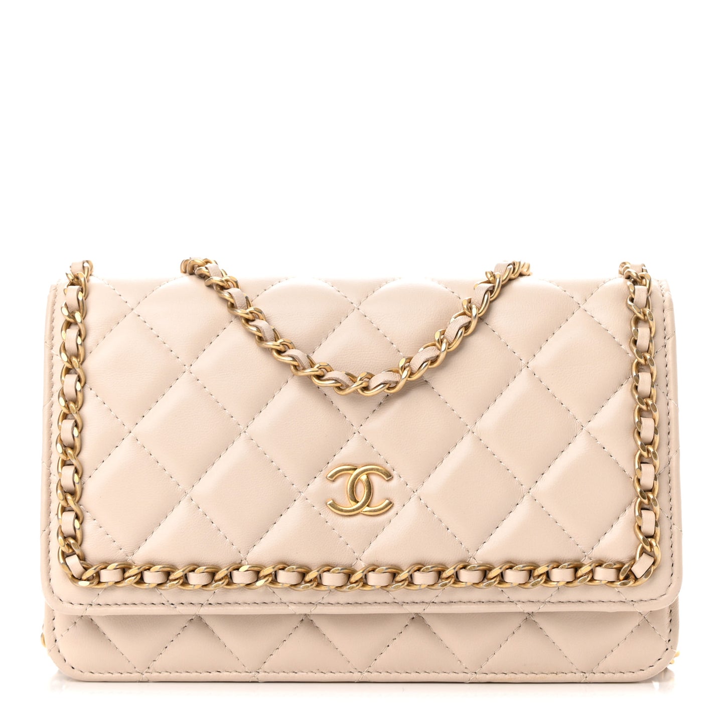 Lambskin Quilted Chain Around Wallet On Chain WOC Beige