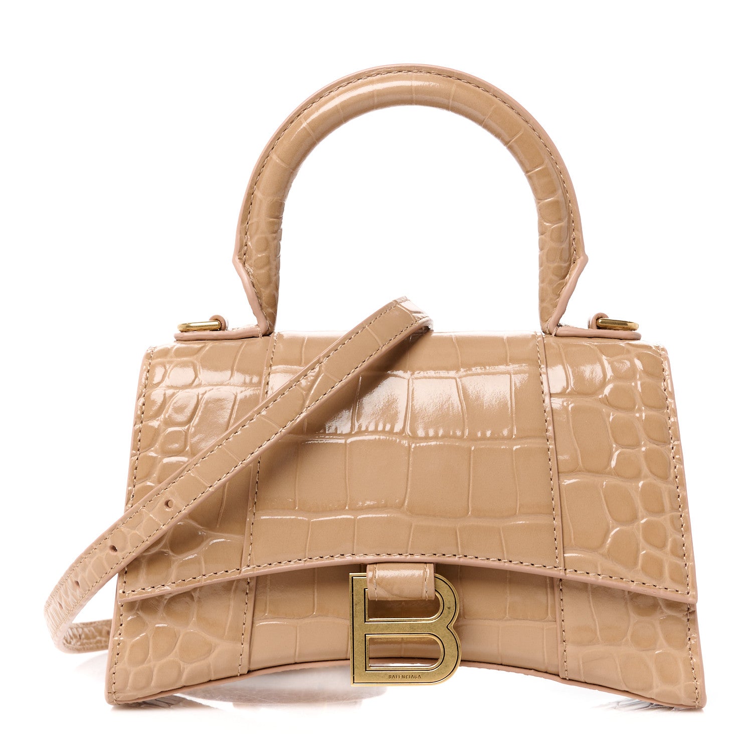 Balenciaga Shiny Calfskin Crocodile Embossed Hourglass Top Handle Bag XS Nude Beige 1 of 12