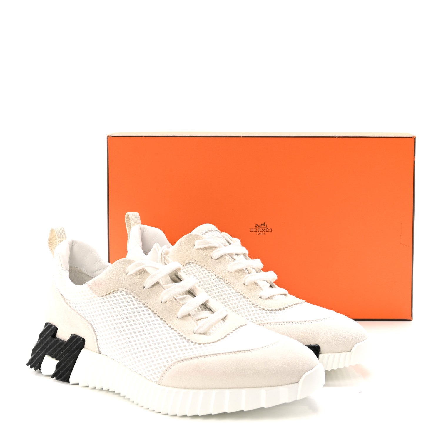 Hermes Graphic Mesh Suede Goatskin Mens Bouncing Sneakers 43  White Black 9 of 9