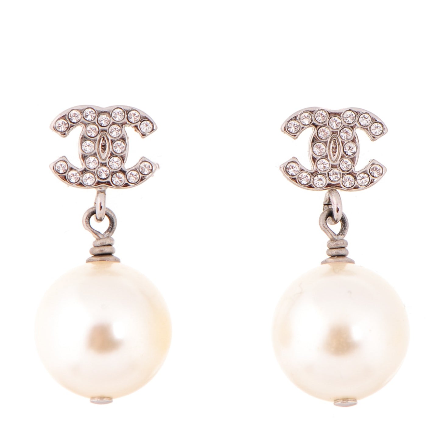 Crystal Pearl CC Drop Earrings Silver
