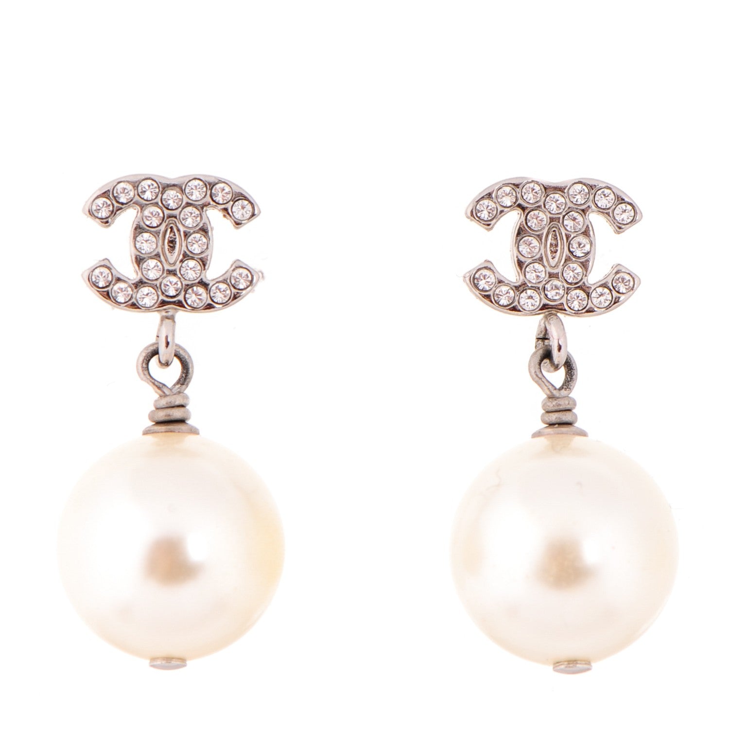 Chanel Crystal Pearl CC Drop Earrings Silver 1 of 4