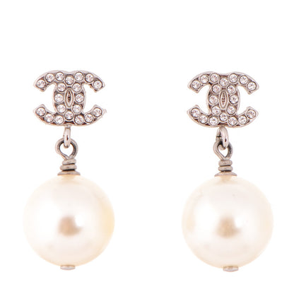 Chanel Crystal Pearl CC Drop Earrings Silver 1 of 4