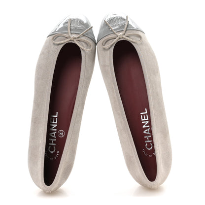 Chanel Suede Patent Cap Toe CC Ballerina Flats 38.5 Grey 38 Light Grey 2 of 9