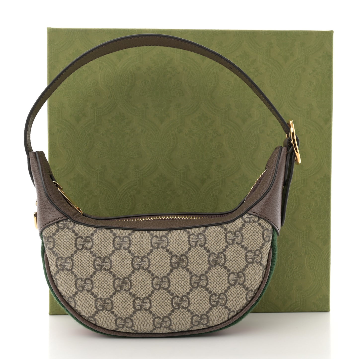 GG Supreme Monogram Textured Calfskin Web Mini Ophidia Half Moon Hobo Beige Ebony New Acero