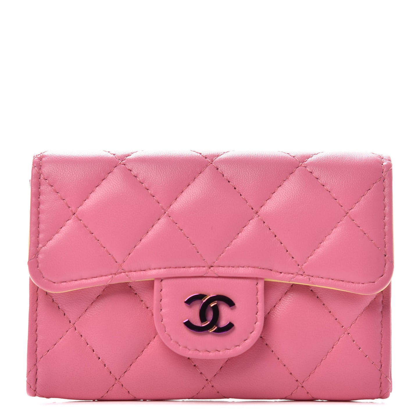Lambskin Quilted Flap Card Holder Wallet Pink Yellow