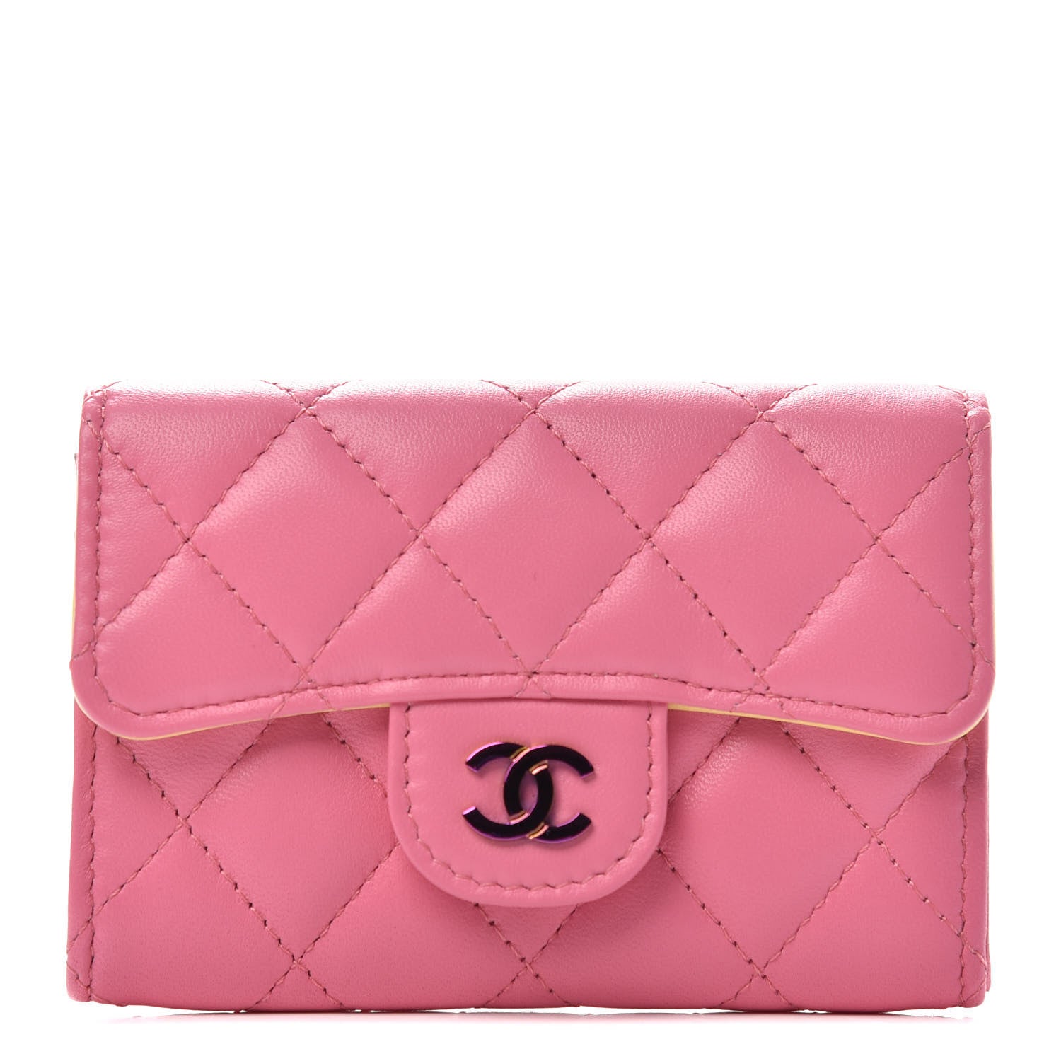 Chanel Lambskin Quilted Flap Card Holder Wallet Pink Yellow 1 of 9