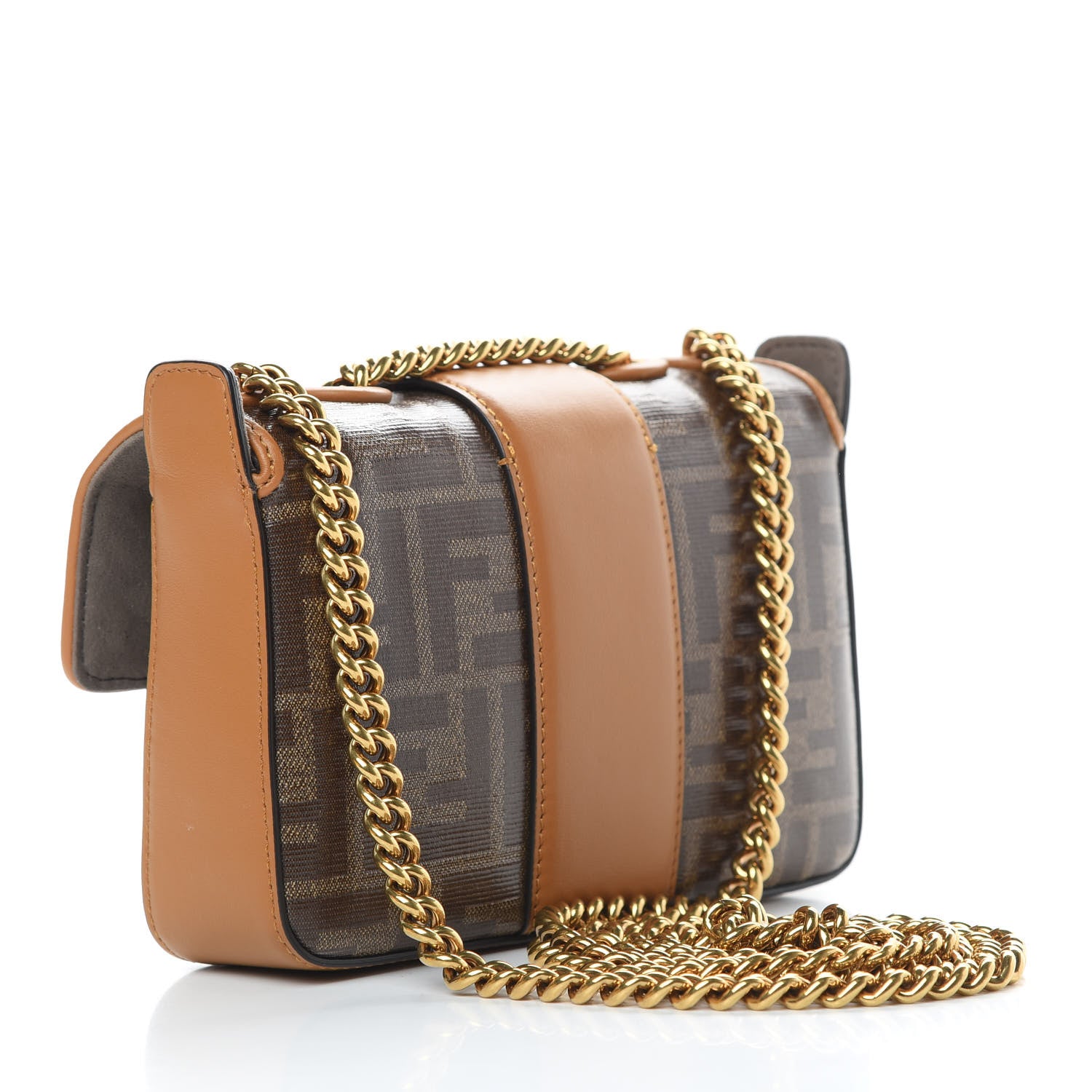 Fendi Glazed Fabric Vitello Century FF 1974 Stamp Patch Mini Double F Crossbody Bag Mogano Panna Caramello 3 of 12