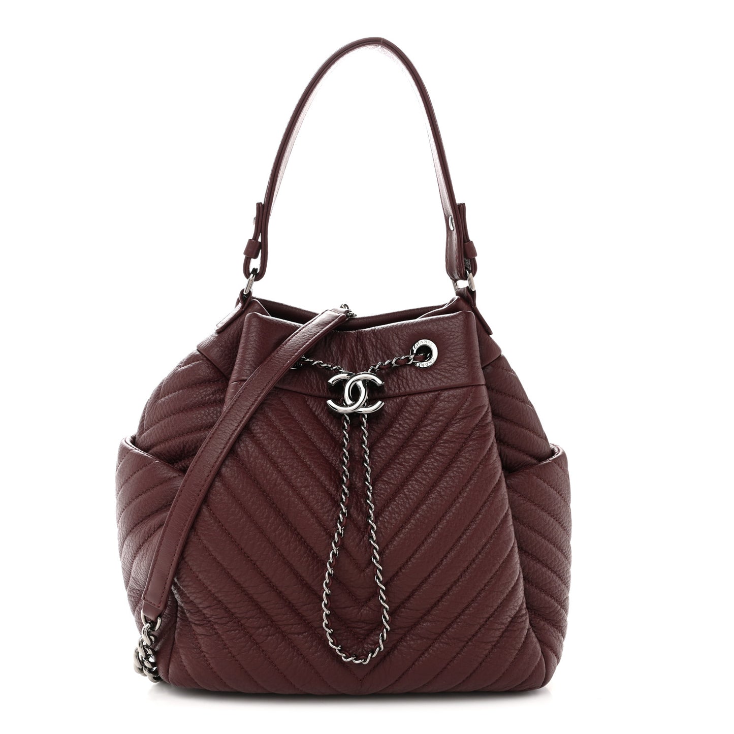 Deerskin Chevron Medium CC Chain Bucket Drawstring Bag Burgundy
