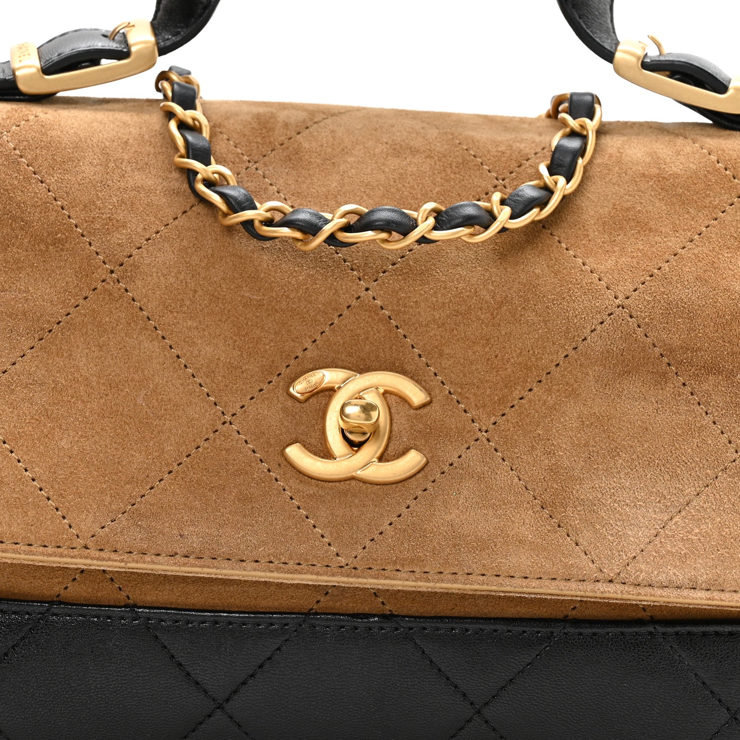 Chanel Suede Calfskin Shiny Lambskin Quilted Coco Base Flap Top Handle Bag  Beige Black 8 of 11