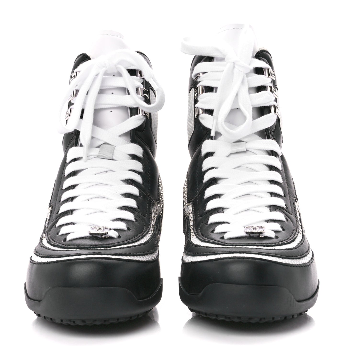 Fabric Calfskin Strass Womens CC Sneakers 38 Black White Silver