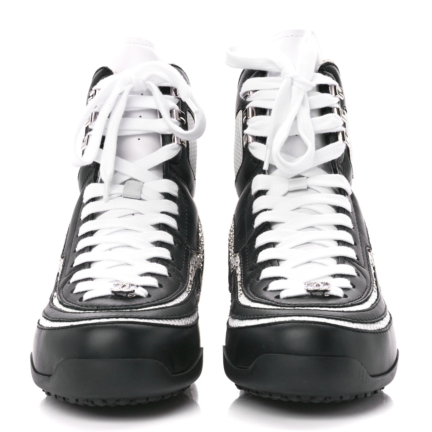 Chanel Fabric Calfskin Strass Womens CC Sneakers 38 Black White Silver 2 of 8
