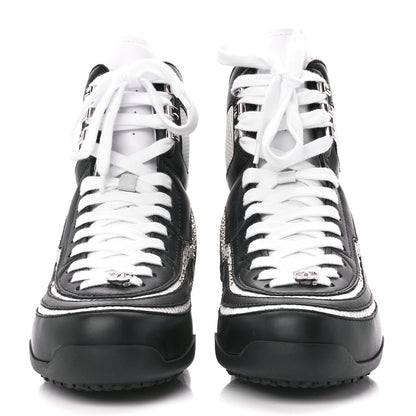 Chanel Fabric Calfskin Strass Womens CC Sneakers 38 Black White Silver 2 of 8
