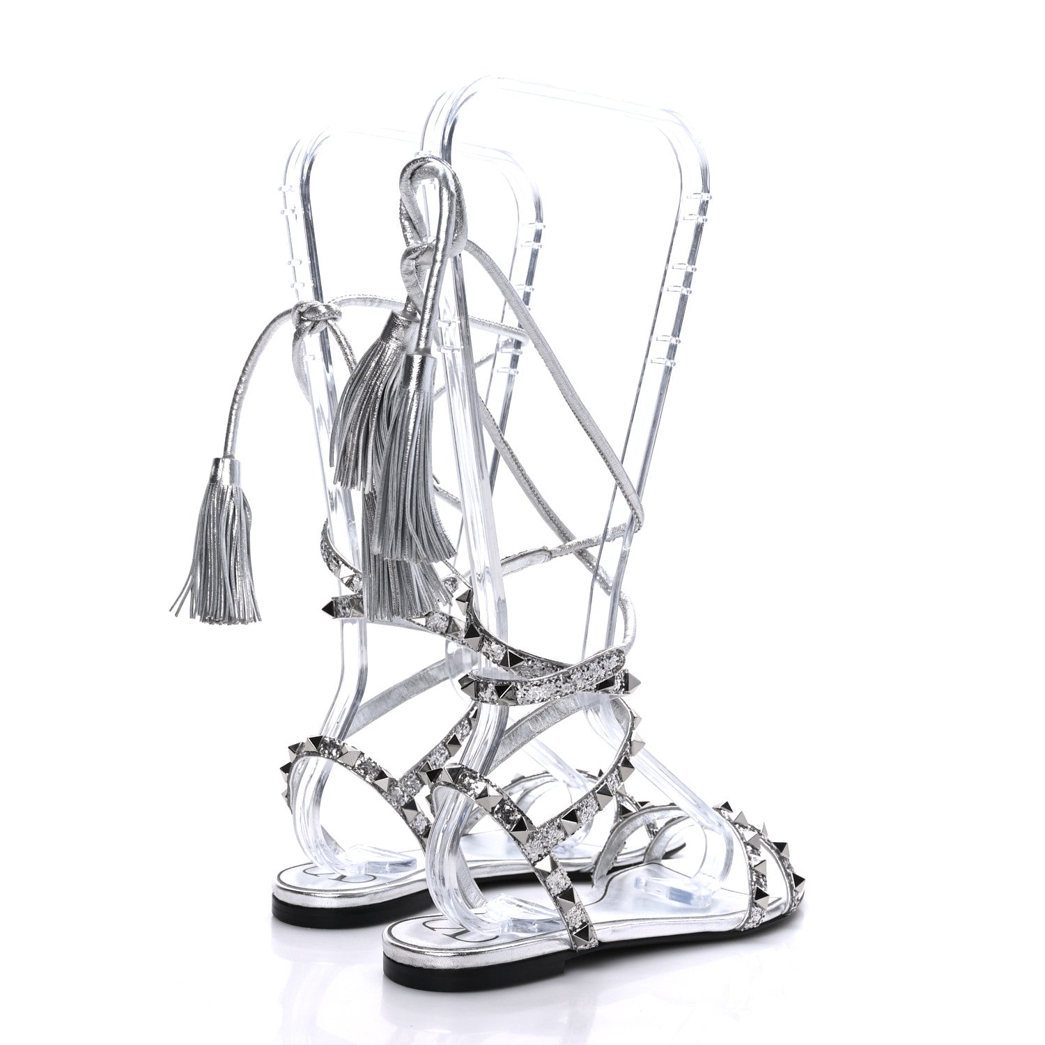 Valentino Garavani Nappa Glitter Rockstud Tassel Ankle Wrap Flat Sandals 38 Silver 4 of 7