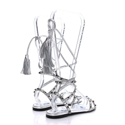 Valentino Garavani Nappa Glitter Rockstud Tassel Ankle Wrap Flat Sandals 38 Silver 4 of 7