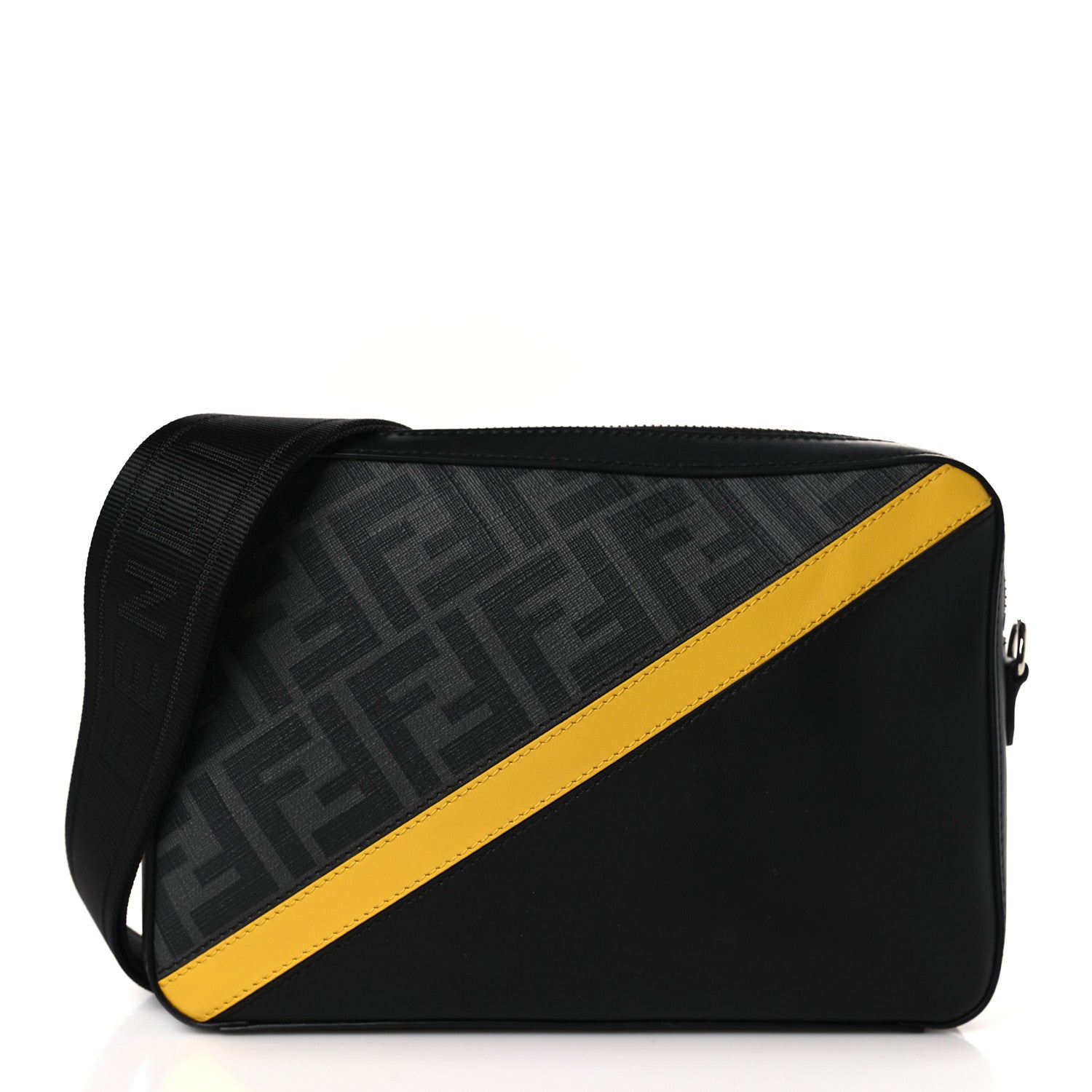 Fendi Glazed Fabric Vitello Liberty FF 1974 Diagonal Medium Camera Case Black Sunflower 1 of 8