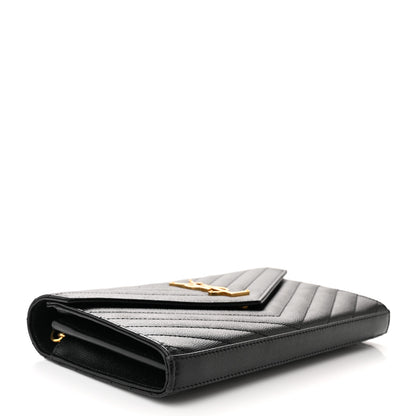 Saint Laurent Grain De Poudre Matelasse Chevron Monogram Chain Wallet Black 4 of 11