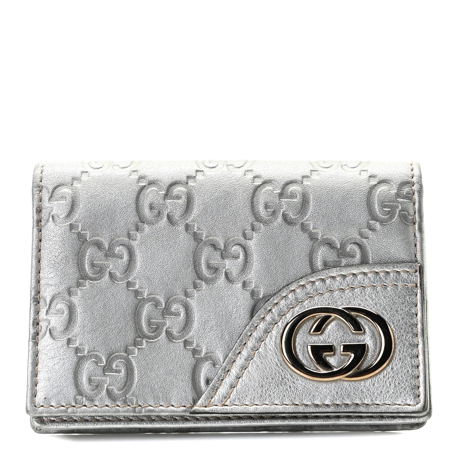 Gucci Metallic Guccissima Interlocking G Flap Card Case Silver 1 of 6