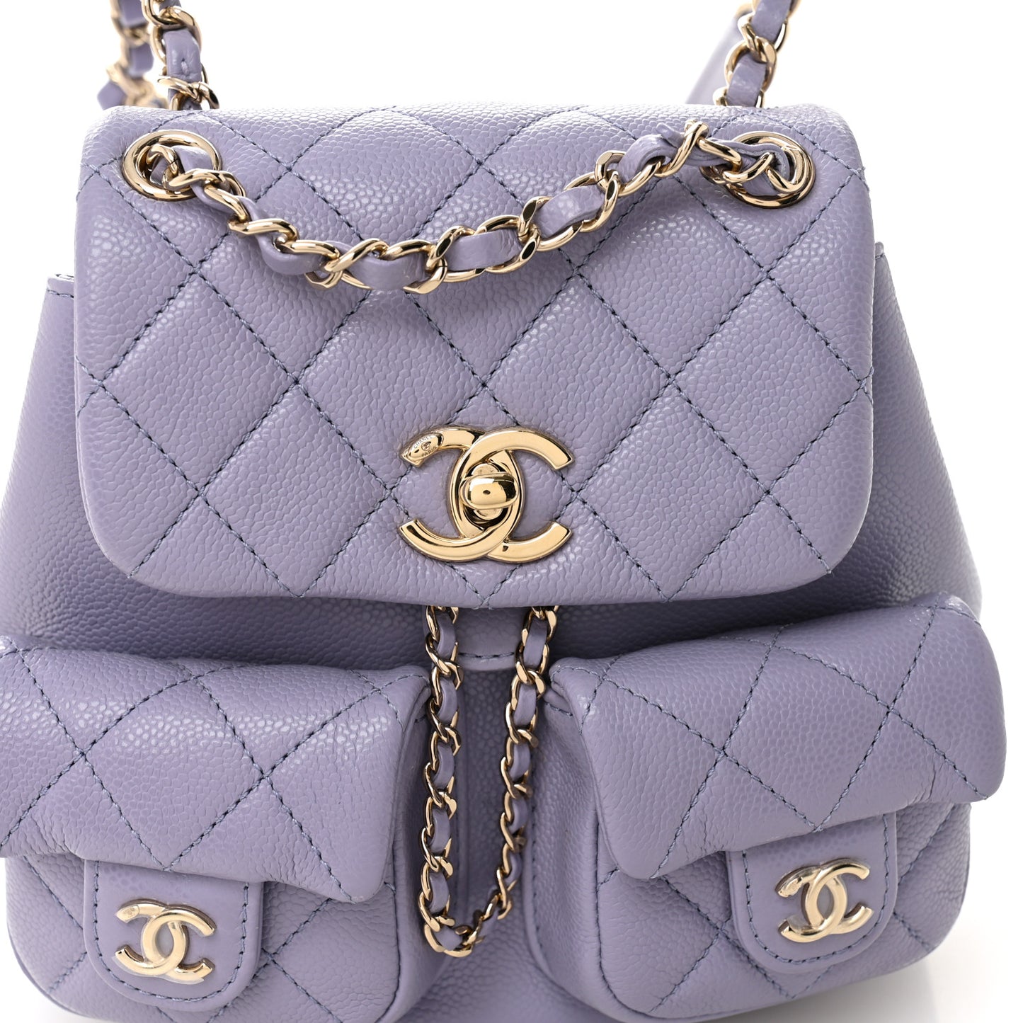 Shiny Caviar Quilted Small Duma Pockets Drawstring Backpack Light Purple
