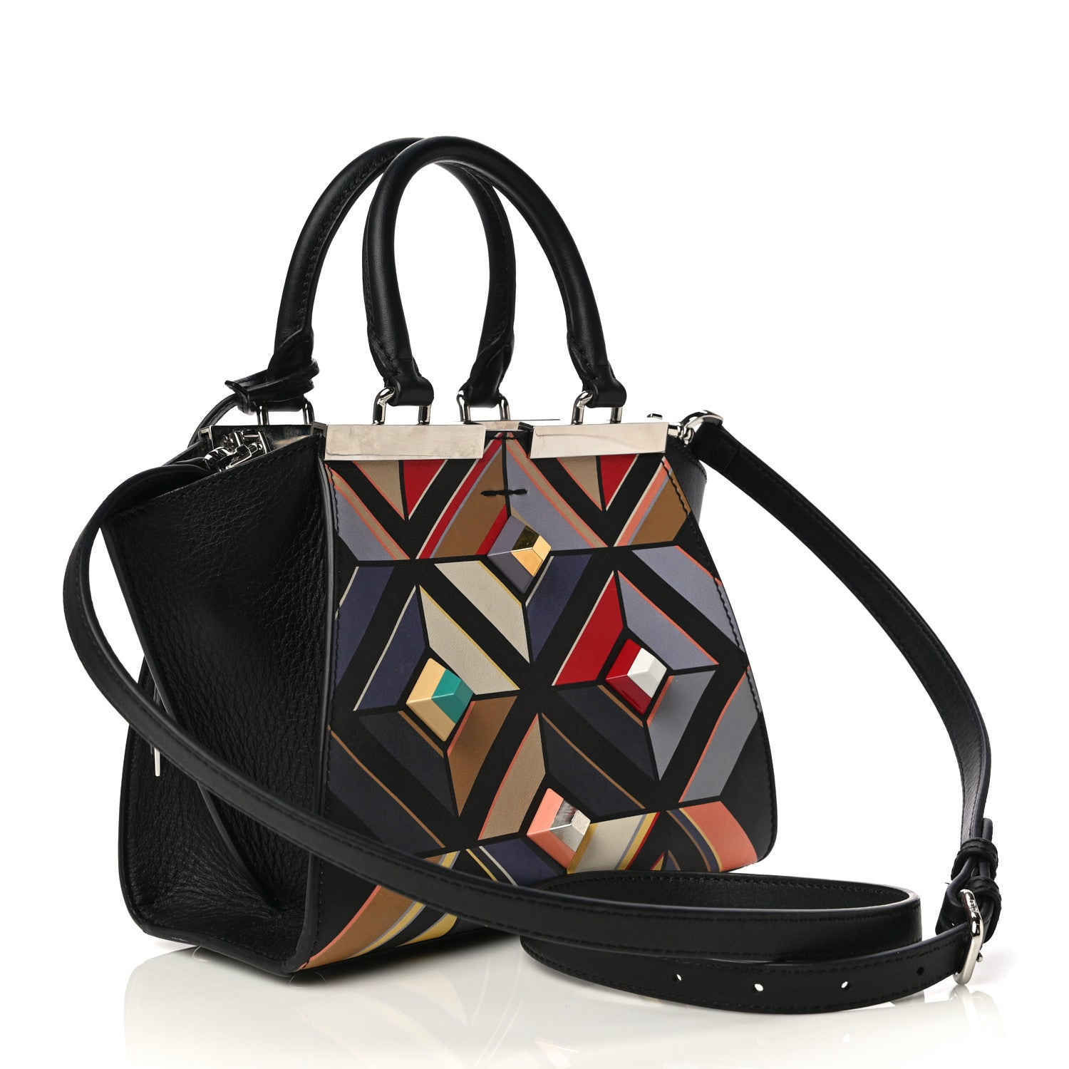 Fendi Calfskin Studded Diamond Mini 3Jours Tote Black Multicolor 2 of 17