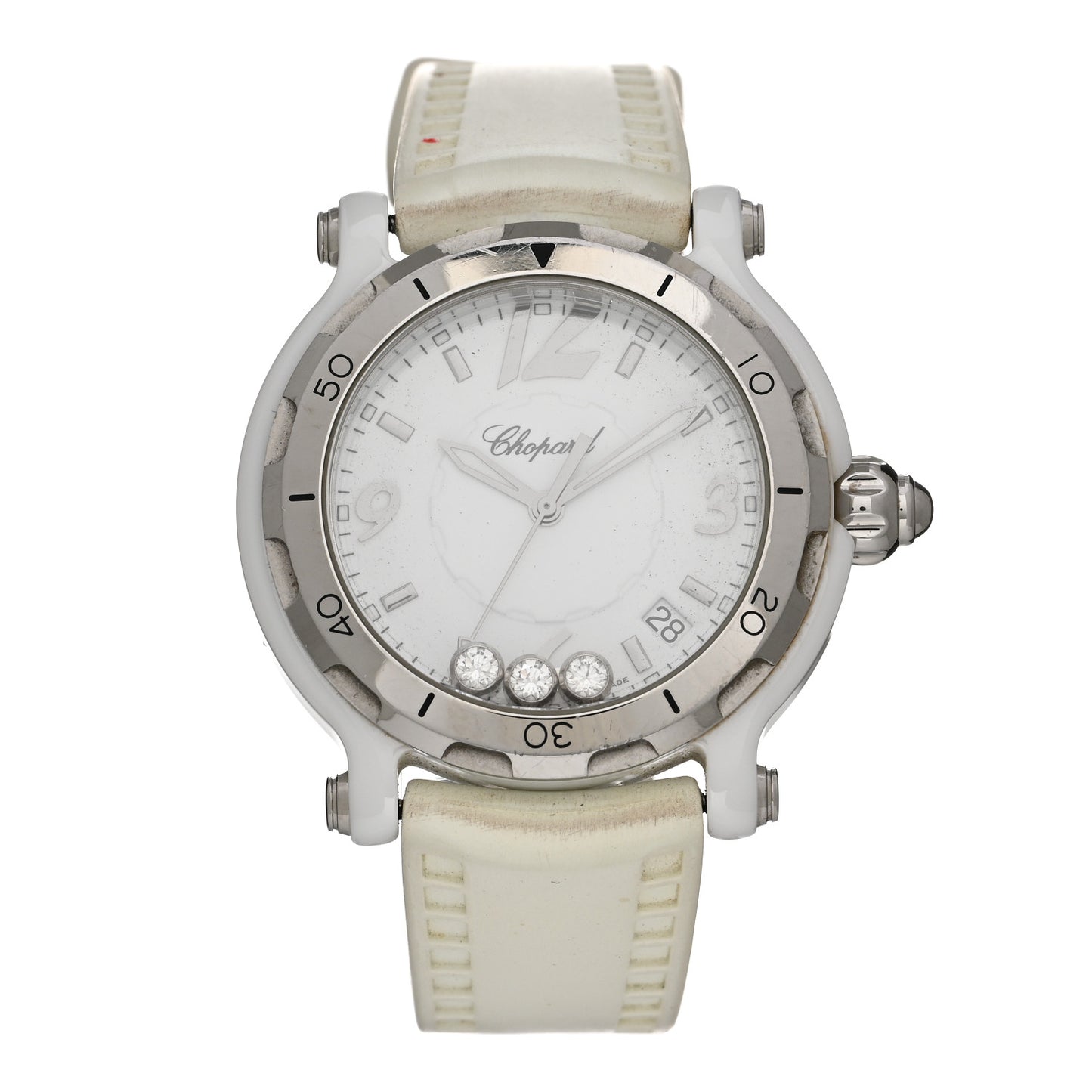 Stainless Steel Rubber 3 Floating Diamond 38mm Happy Sport Watch White